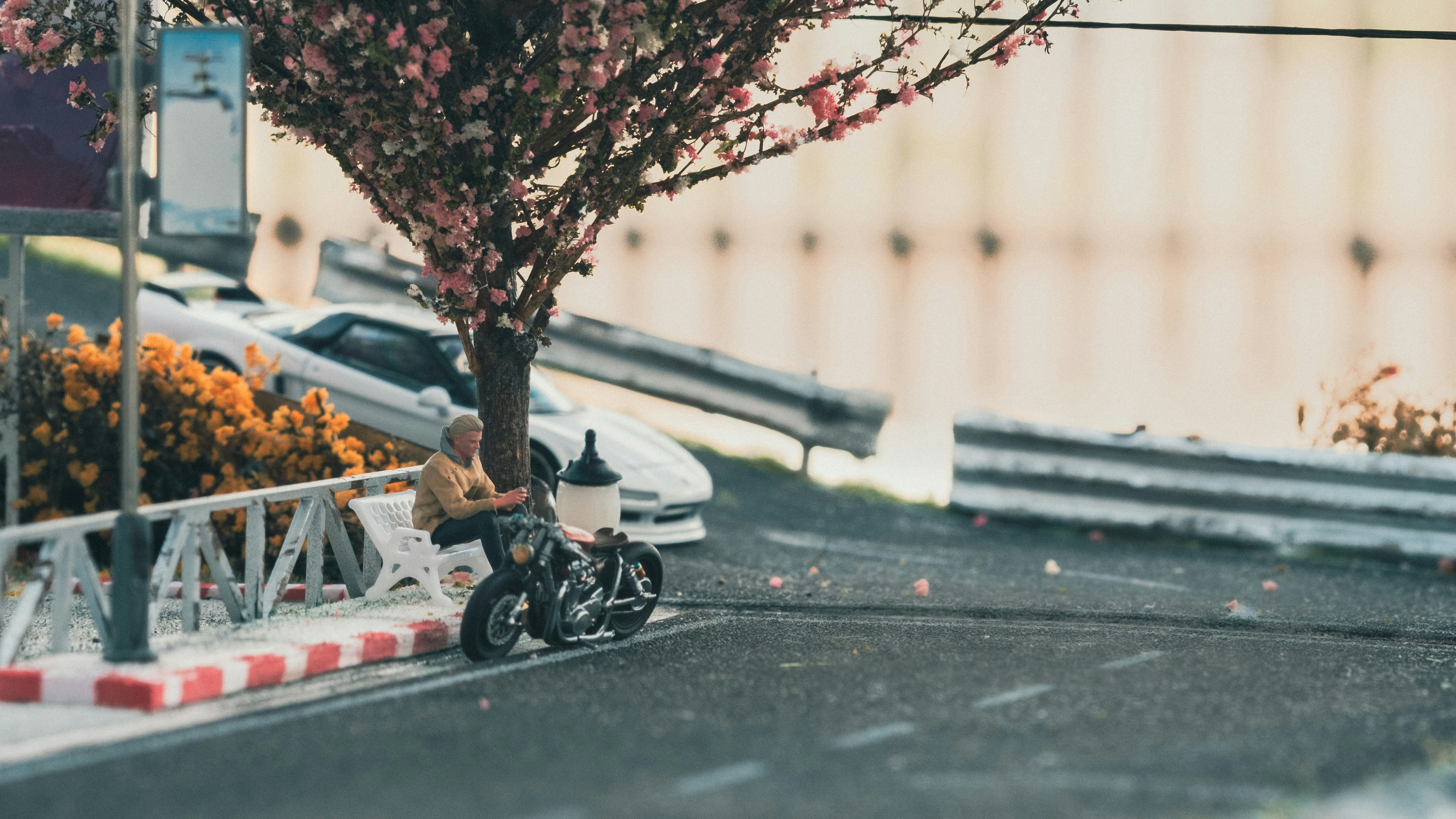 A motorcycle parked on the side of a road next to a tree