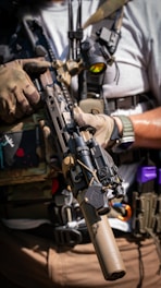 A man holding a machine gun in his hands