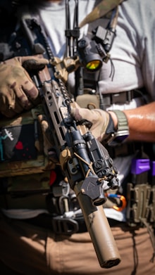 A man holding a machine gun in his hands