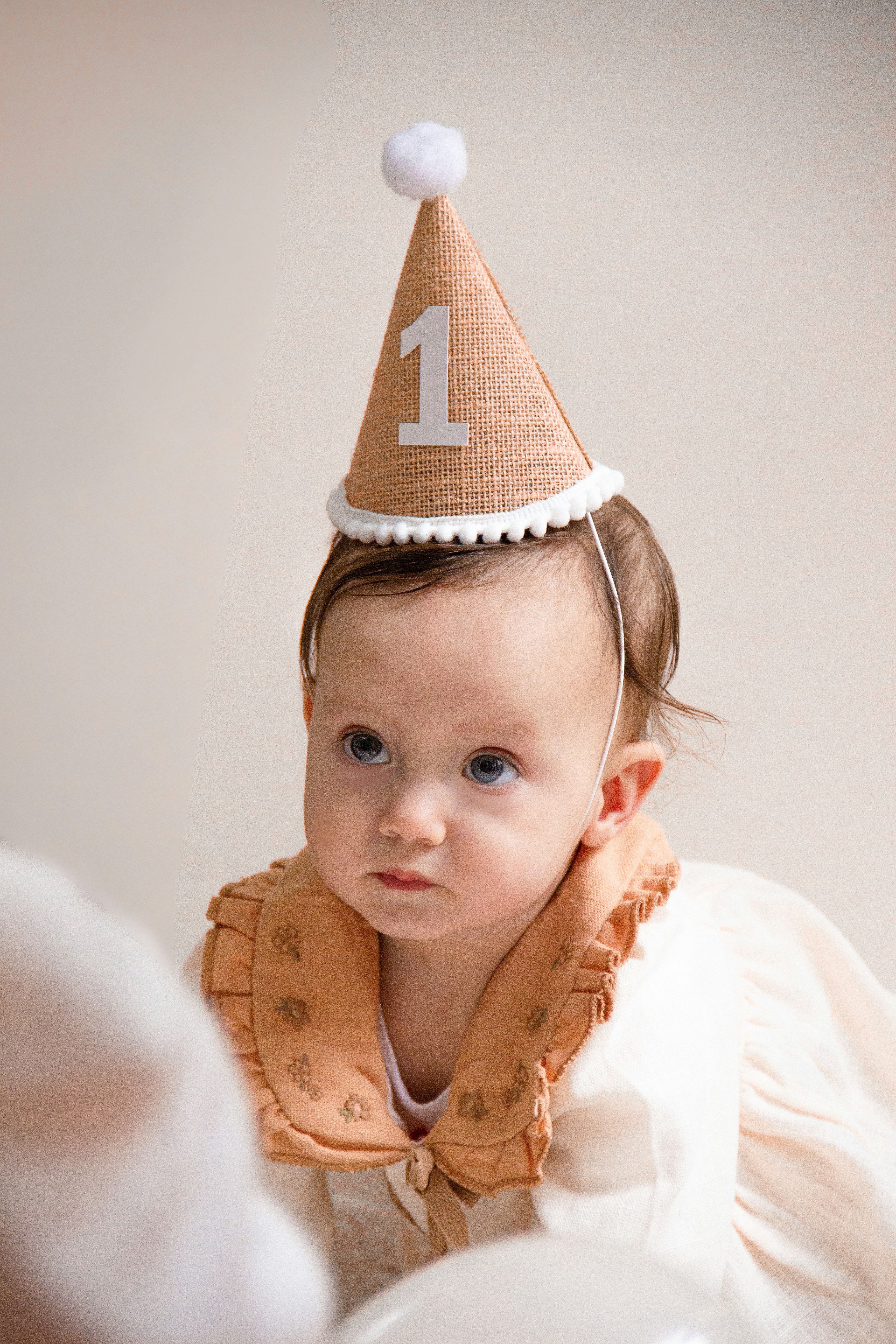 A baby wearing a birthday hat with the number one on it