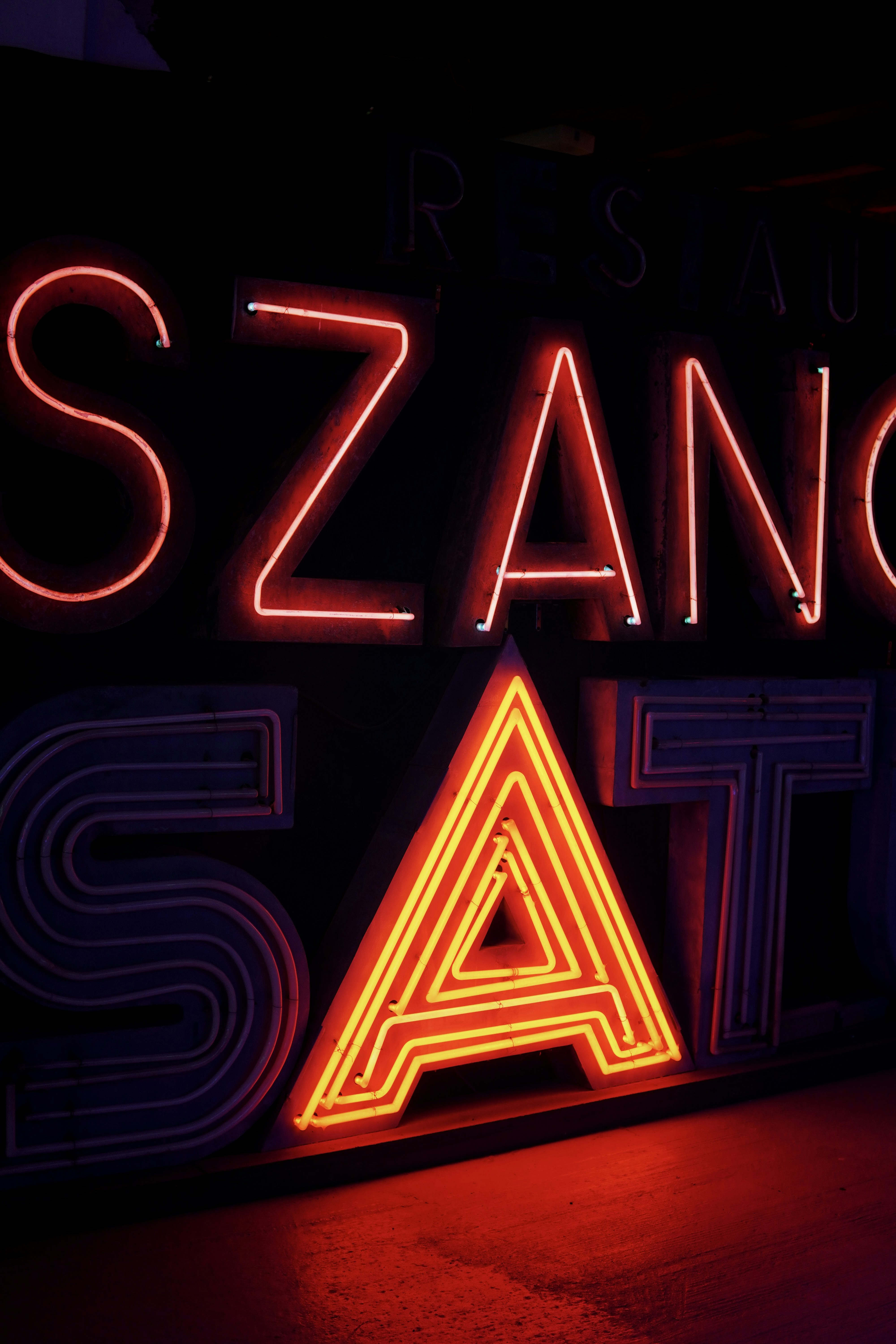 A neon sign that says sznacc sat