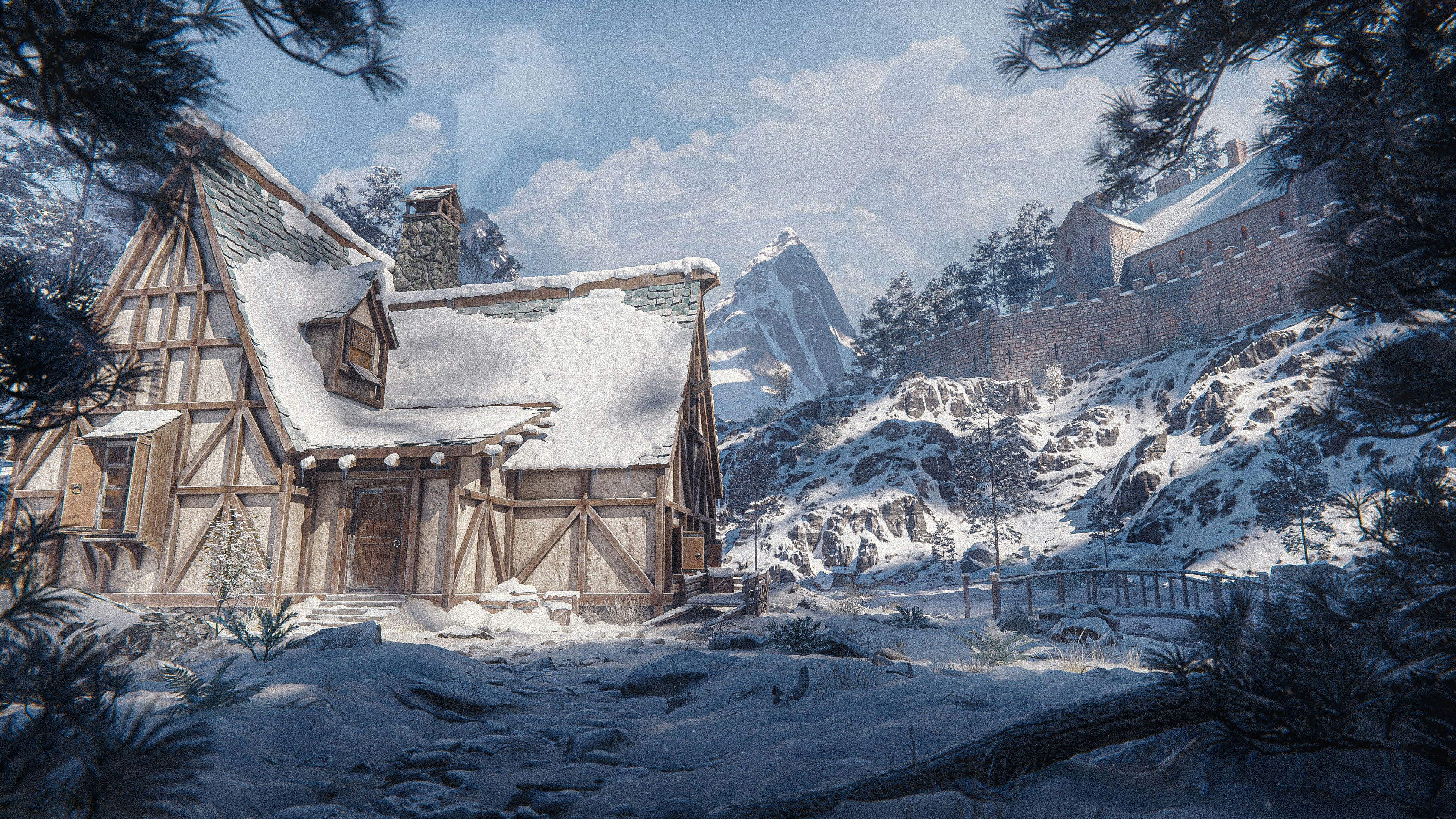 Ein Gemälde eines Hauses im Schnee