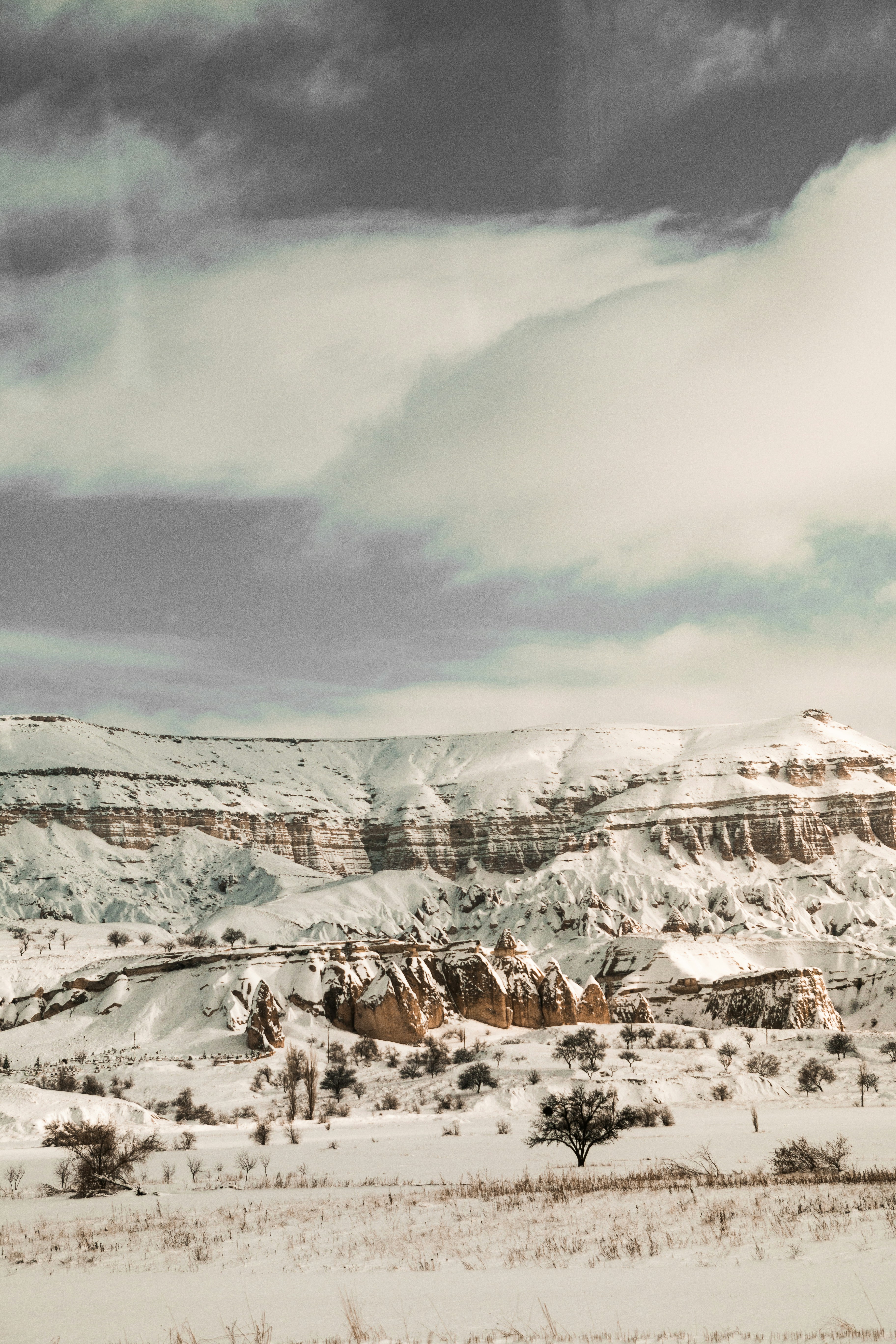 Eine verschneite Landschaft mit einem Berg im Hintergrund