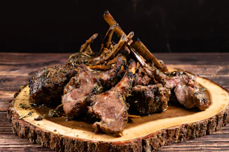 A plate of food on a wooden table