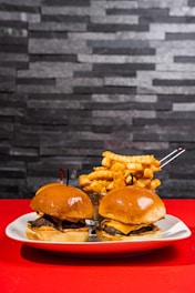 A plate with two hamburgers and fries on it