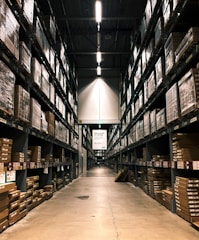 A warehouse filled with lots of shelves filled with boxes