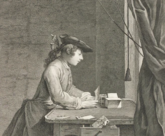 Man in historical attire writing at a desk.