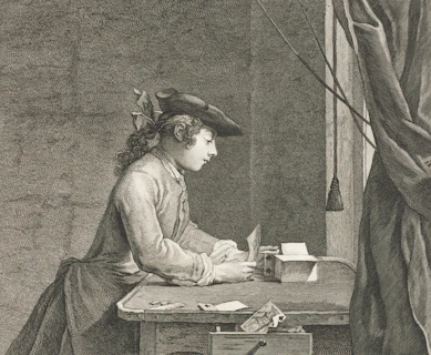 Man in historical attire writing at a desk.