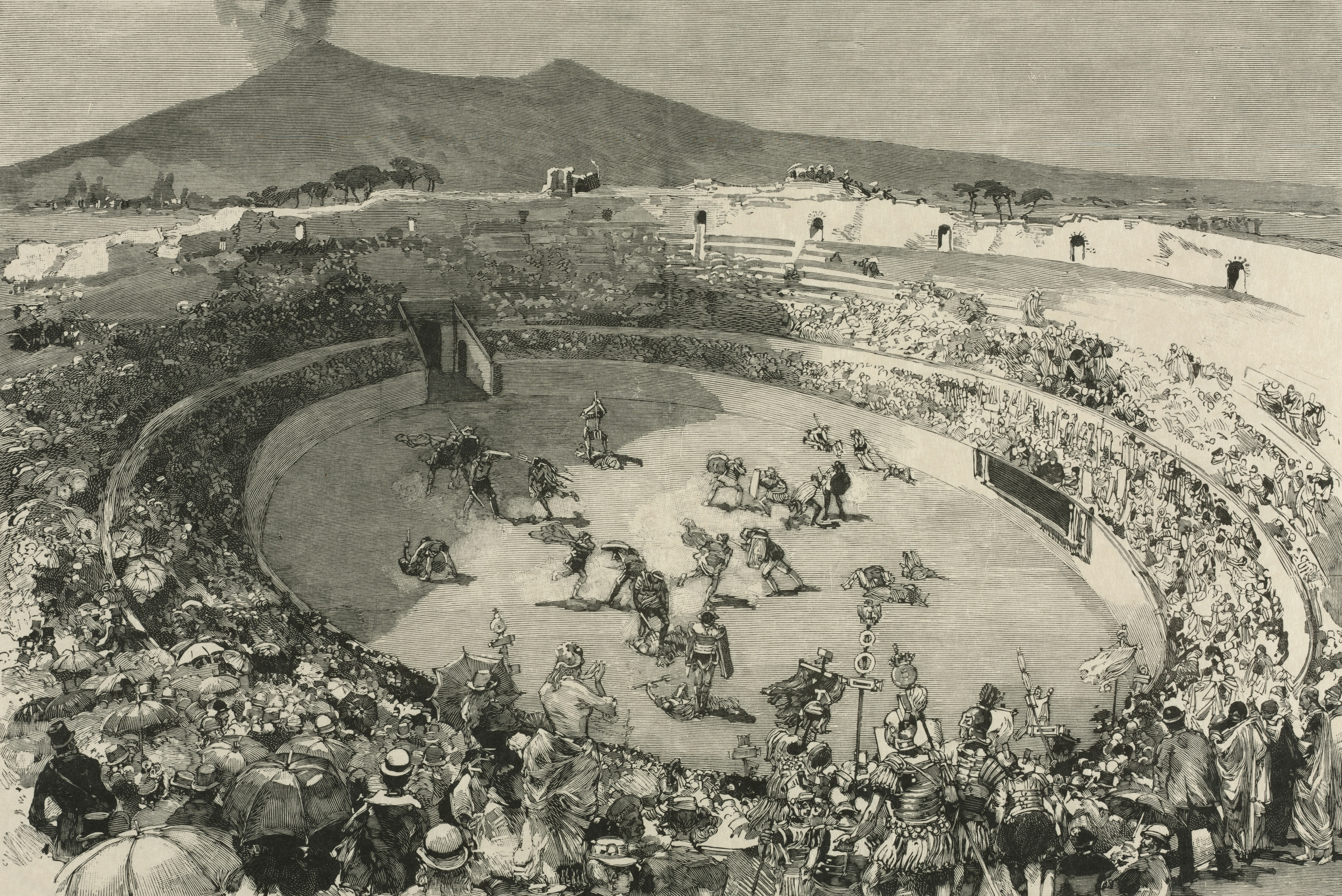 Gladiadores luchando en la arena con el monte Vesubio en erupción