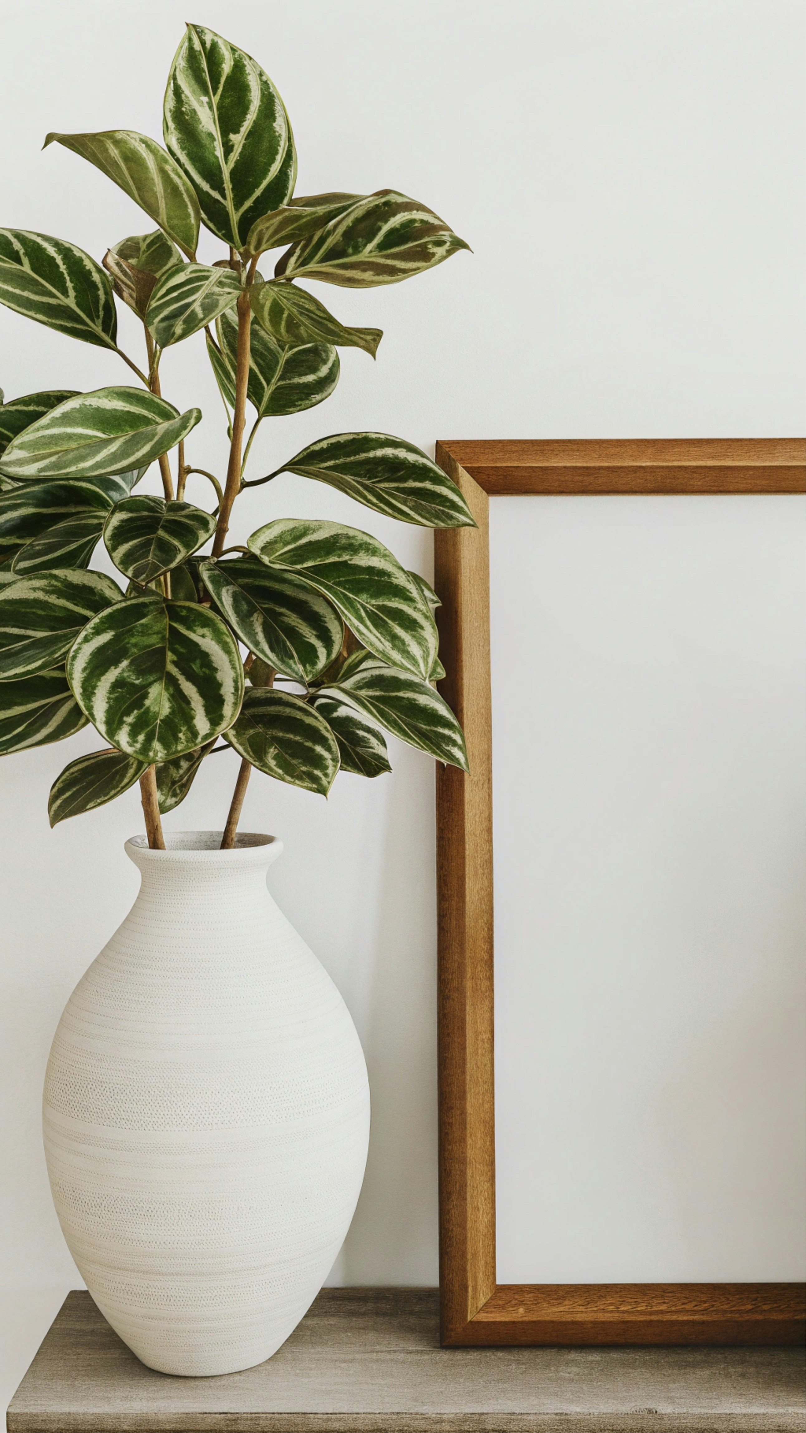 Eine weiße Vase mit einer grünen Pflanze darin