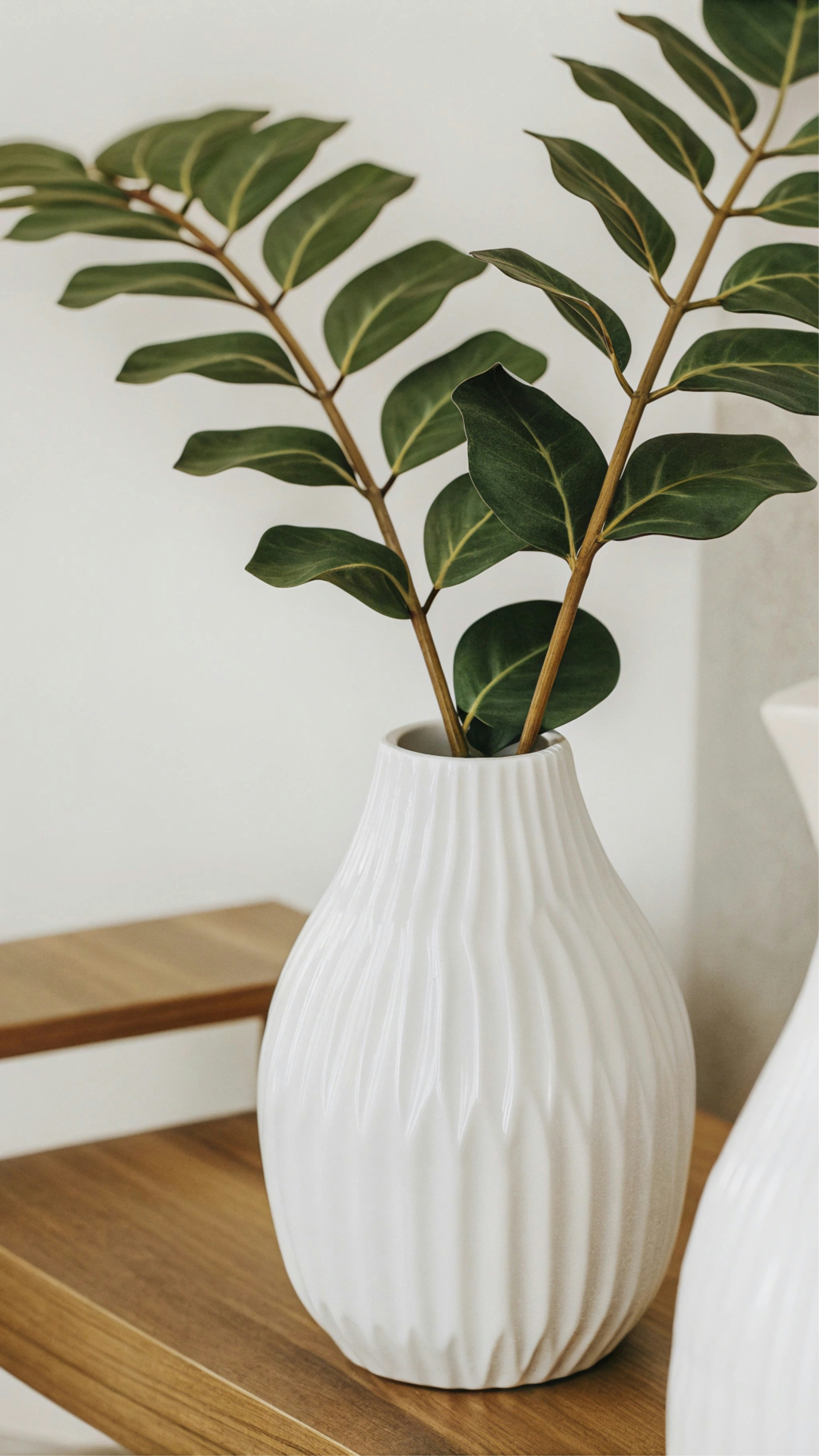 Eine weiße Vase mit einer Pflanze darin