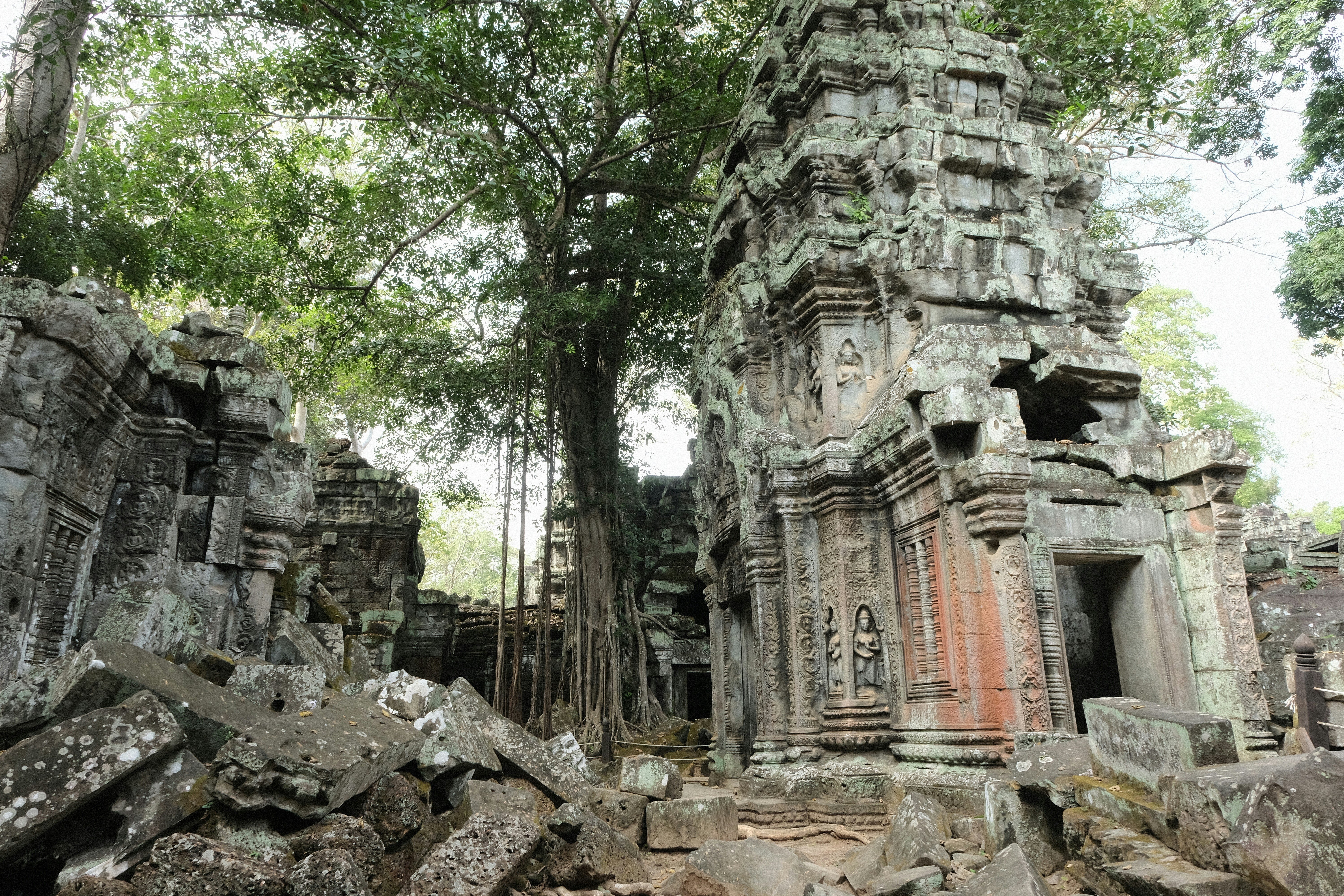 A group of stone structures with trees in the background