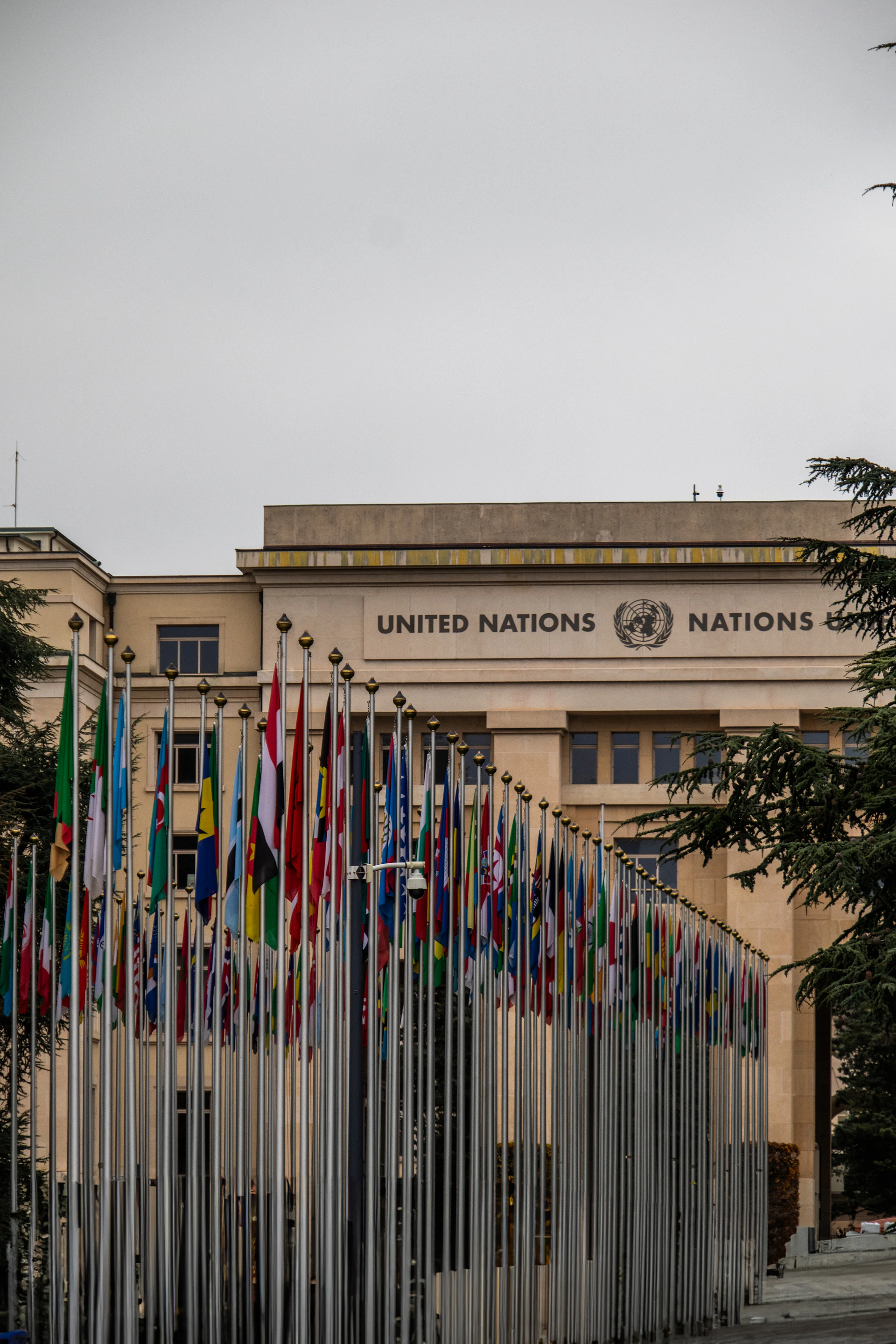 A building with a lot of flags in front of it