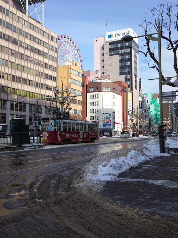 冬季札幌市區街道與路旁雪堆