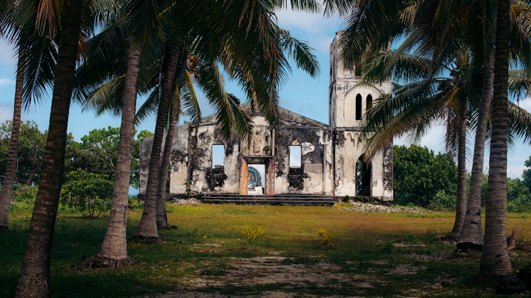 A large white building surrounded by palm trees,