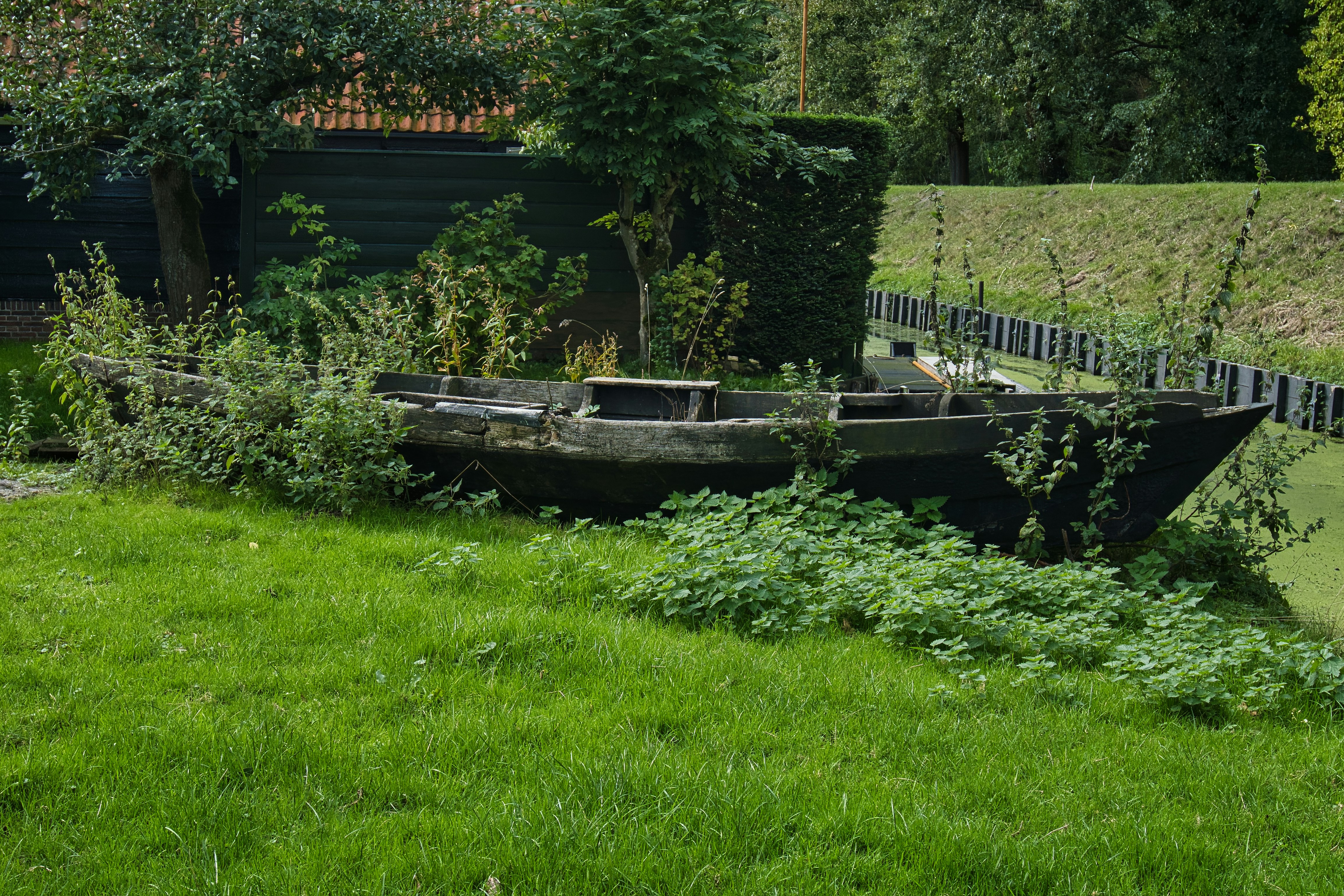 A boat sitting on top of a lush green field