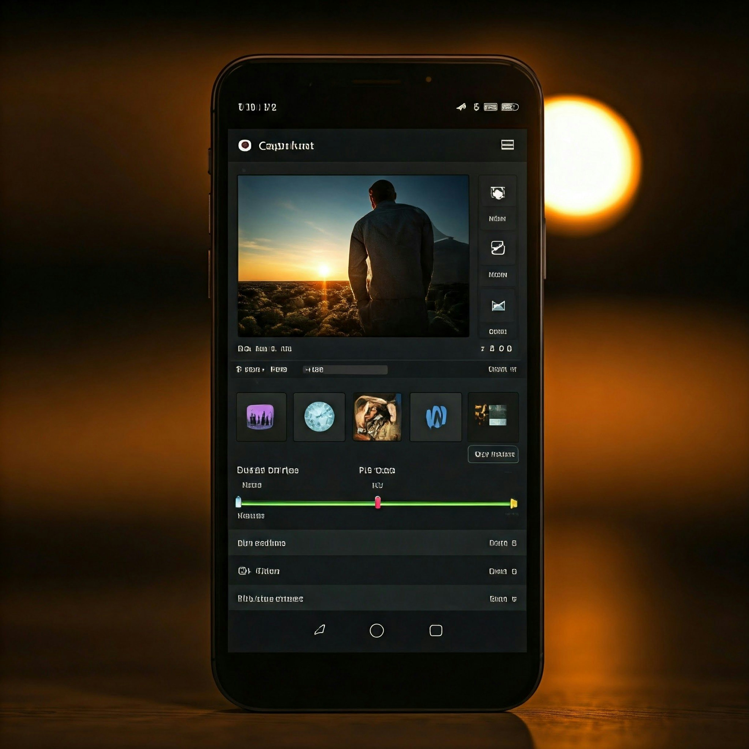 Person holding phone with aesthetic content creation app open, soft light, minimal