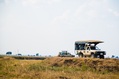 A safari vehicle is parked in a field