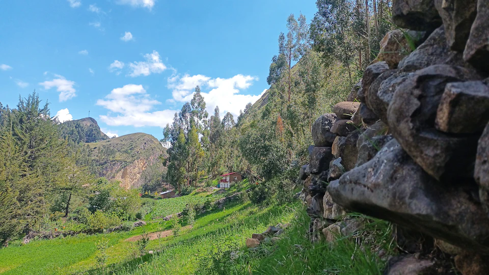 The image depicts a serene mountainous landscape with a lush green valley and a rocky cliff face on one side, creating a striking contrast between the vibrant vegetation and the rugged terrain. The sky above is a clear blue, dotted with fluffy white clouds that add depth to the scene. In the foreground, there are several large rocks of varying sizes, some partially obscured by the foliage. On the right side of the image, a small building can be seen nestled among the trees.