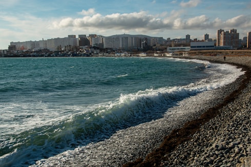 A view of a beach with a city in the background