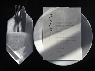 A white plate topped with a piece of paper next to a fork and knife