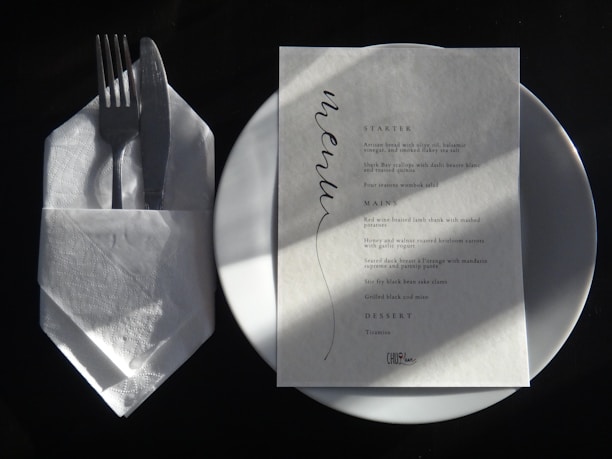 A white plate topped with a piece of paper next to a fork and knife