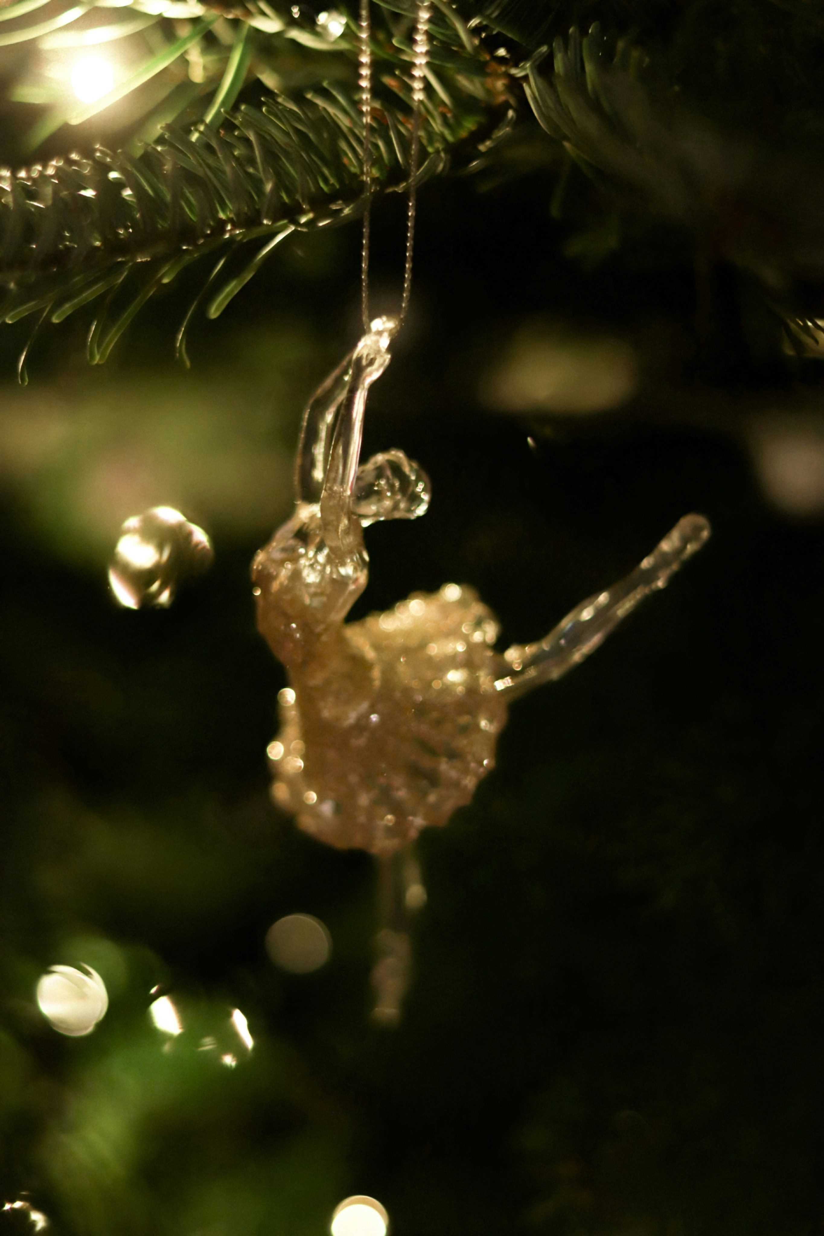 A glass ornament hanging from a christmas tree