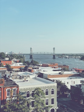 A view of a city with a bridge in the background