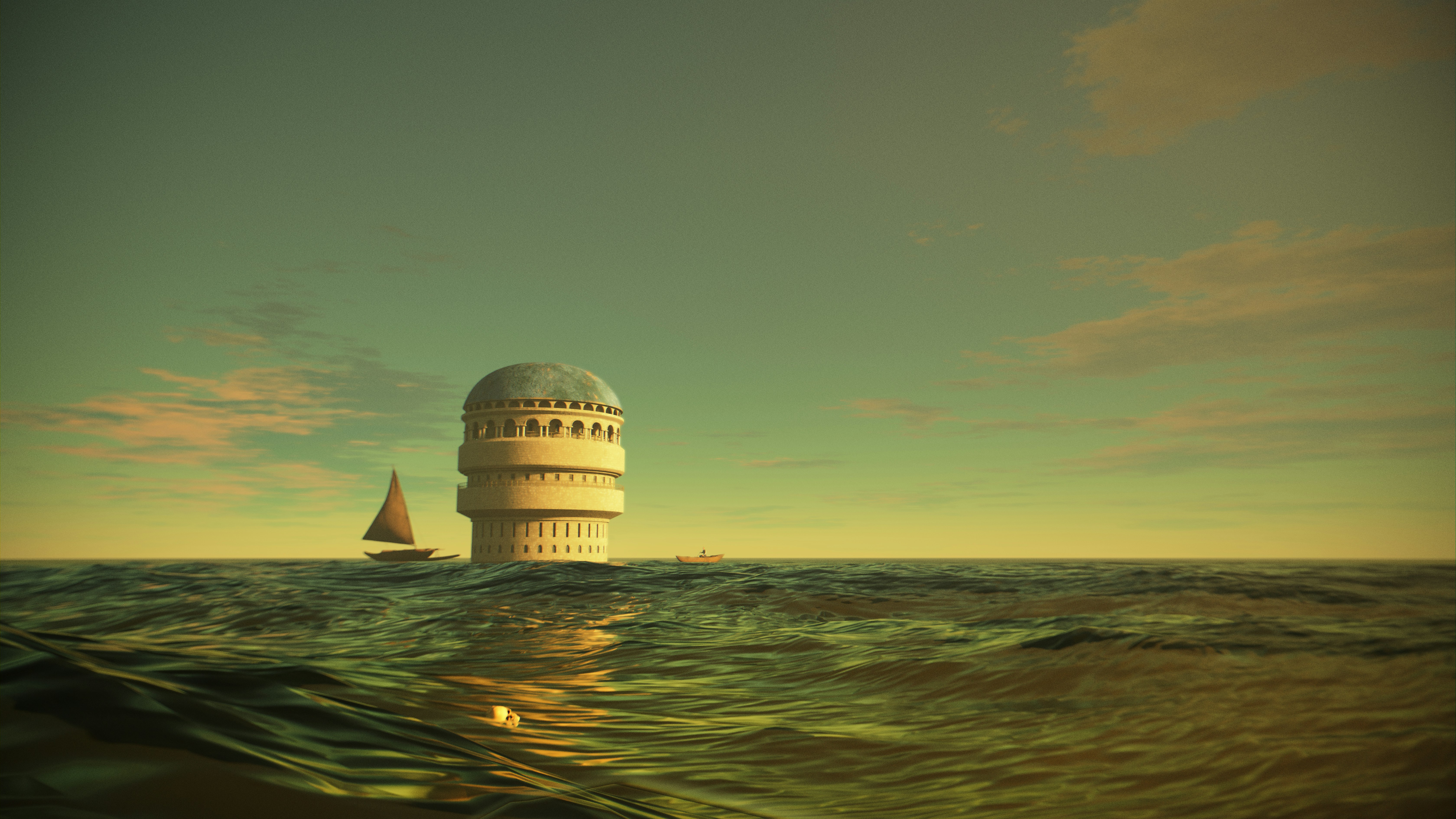 A large white structure floating on top of a body of water