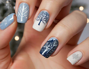A person with a blue and white manicure with a tree on it