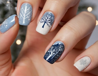 A person with a blue and white manicure with a tree on it