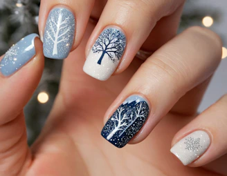 A person with a blue and white manicure with a tree on it