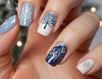 A person with a blue and white manicure with a tree on it