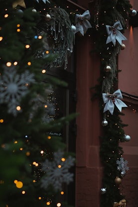 A decorated christmas tree outside of a building