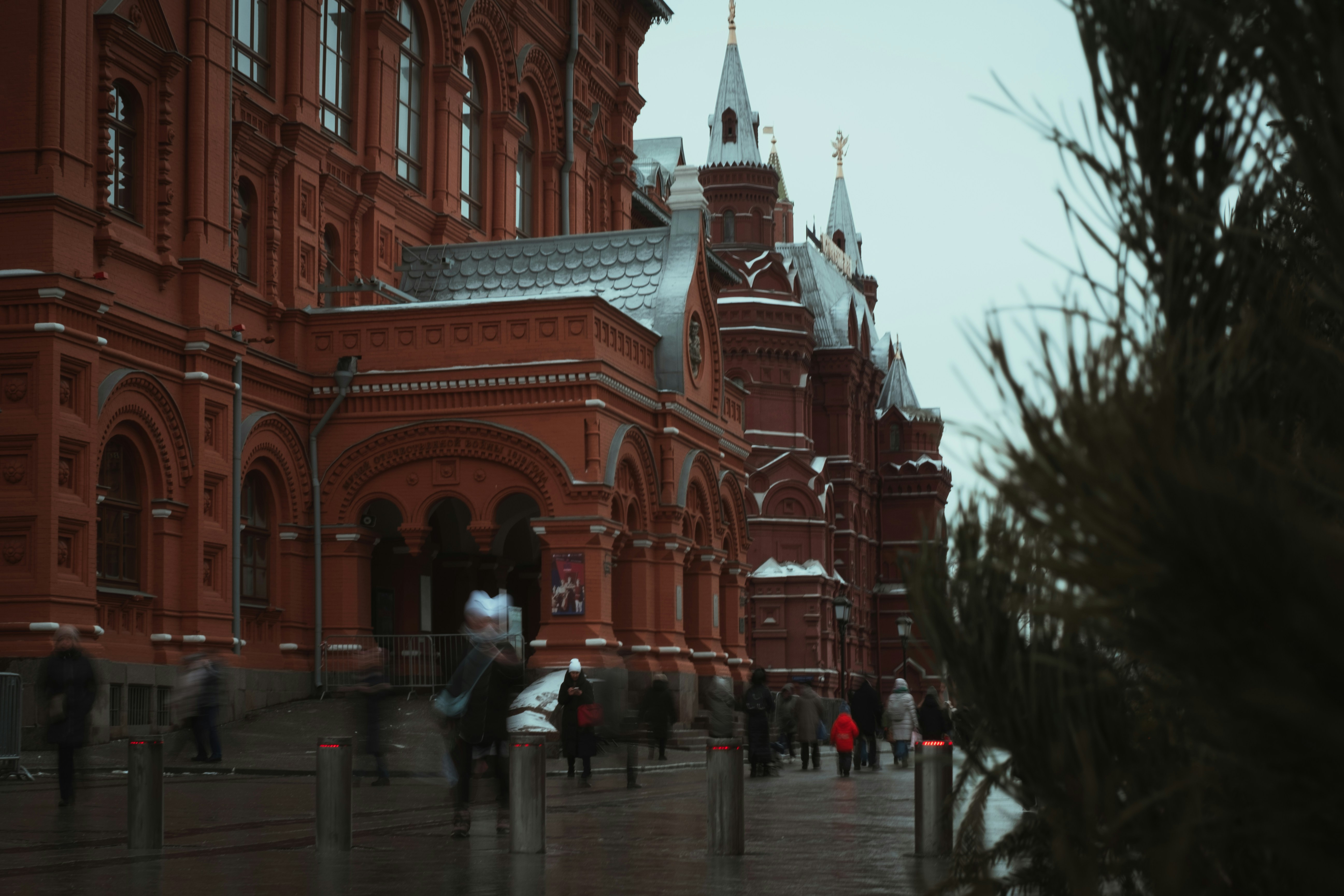 A large red building with a clock tower