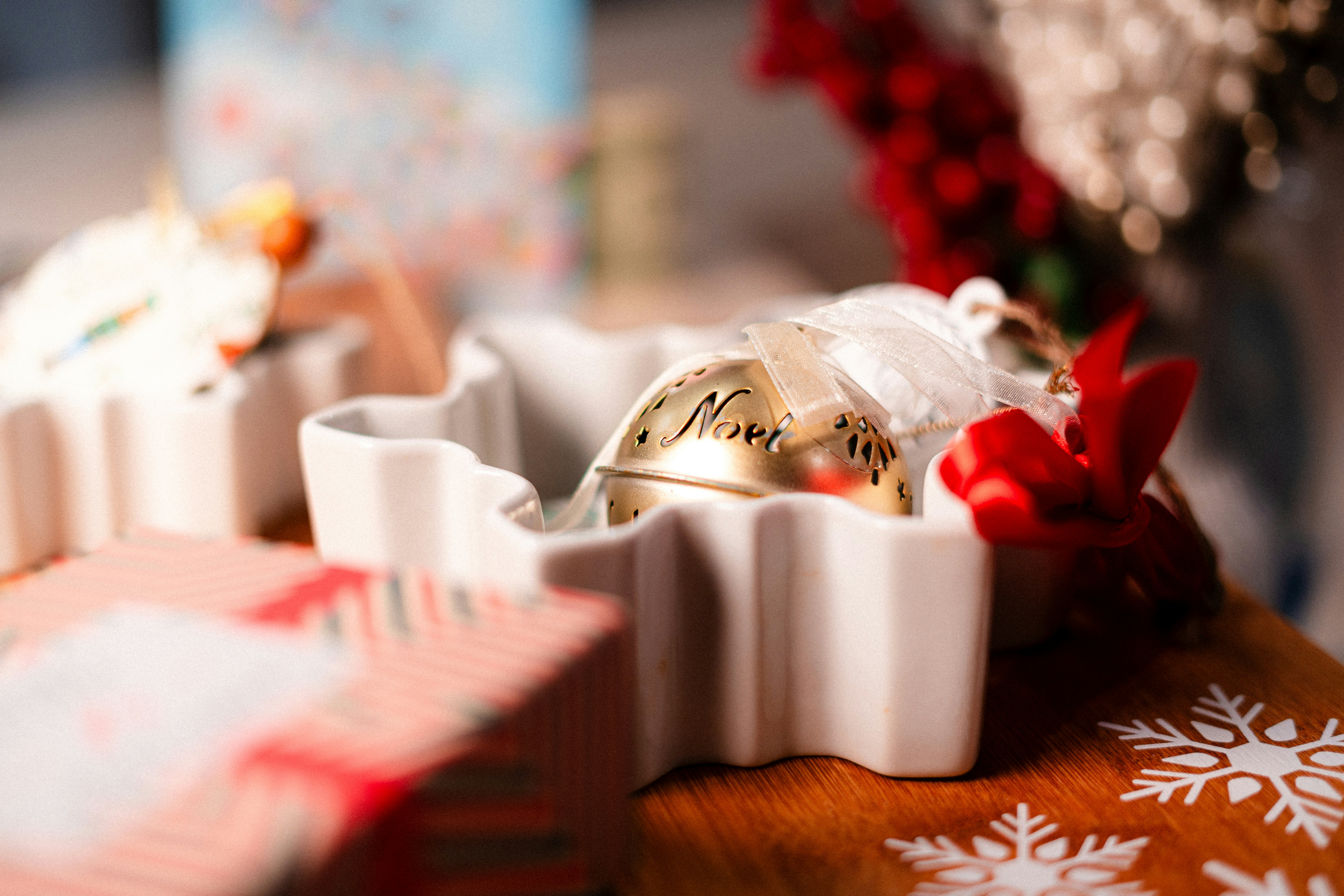 A close up of a christmas ornament on a table