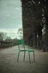 A green chair sitting in the middle of a park
