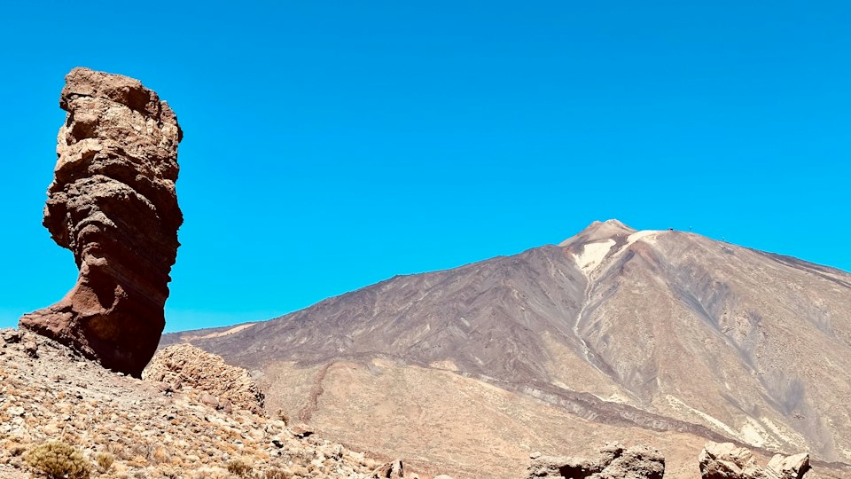 Volcanic rock formations of Roques de García against Mount Teide, La Orotava, Tenerife
