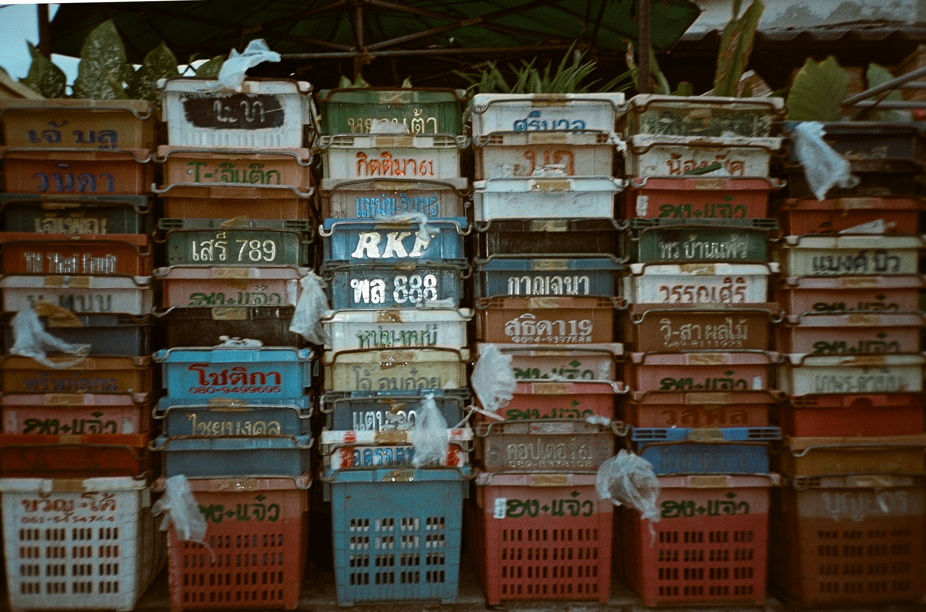 A bunch of crates stacked on top of each other