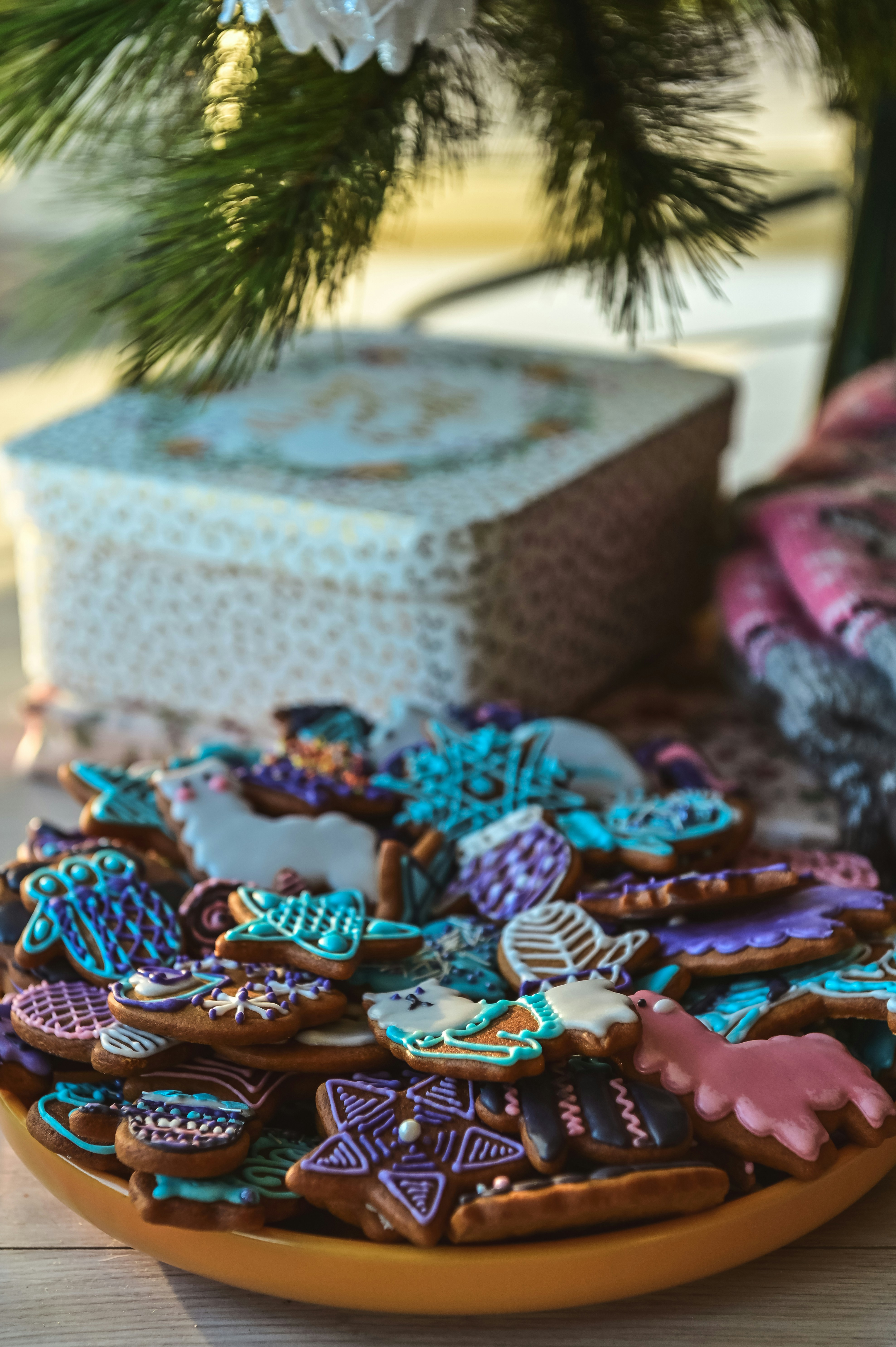 A plate of decorated cookies on a table