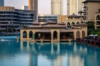A large body of water surrounded by tall buildings