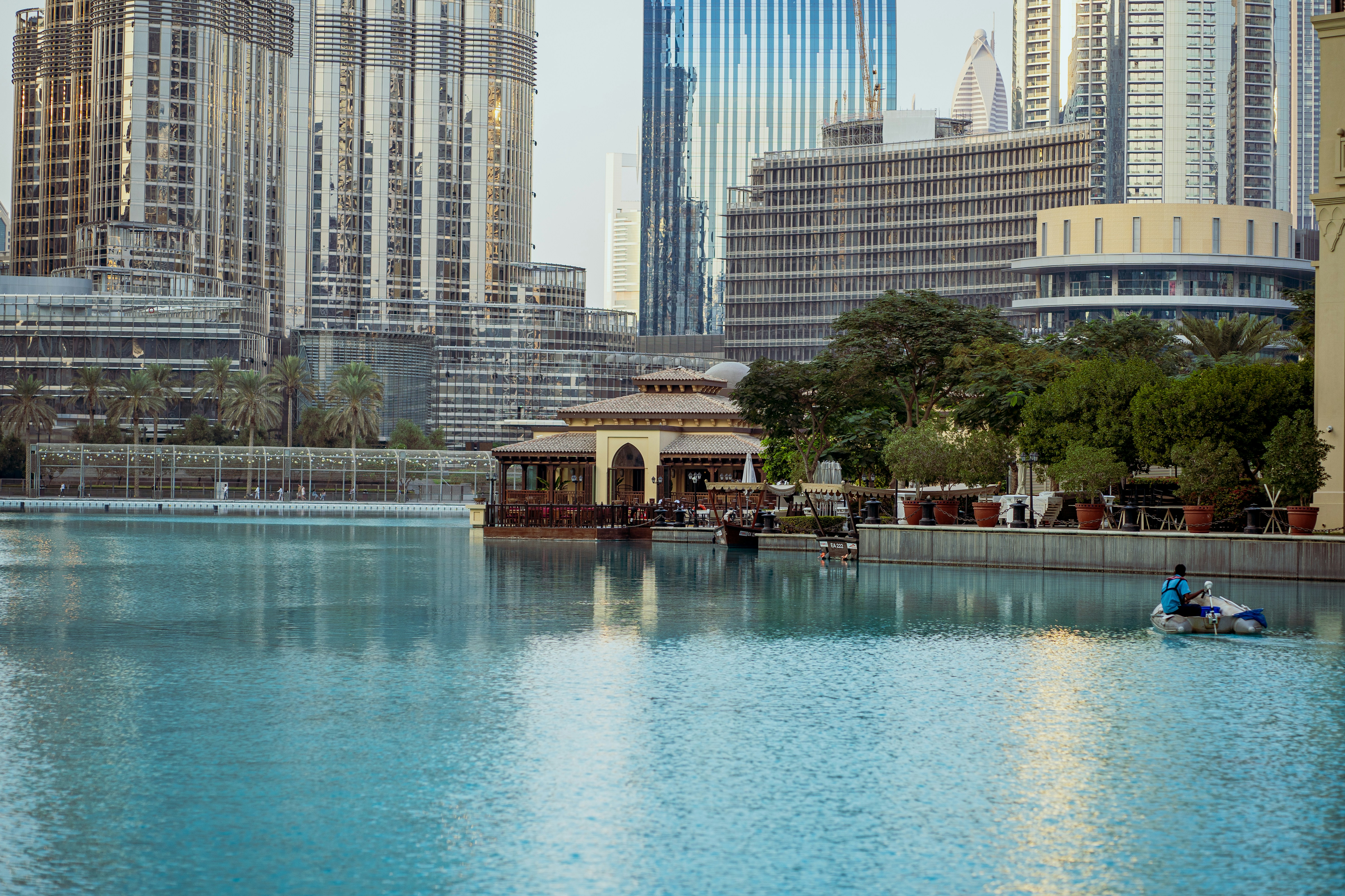 A large body of water surrounded by tall buildings