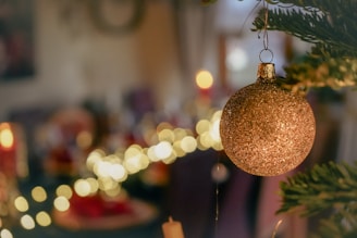 A close up of a christmas tree with lights in the background