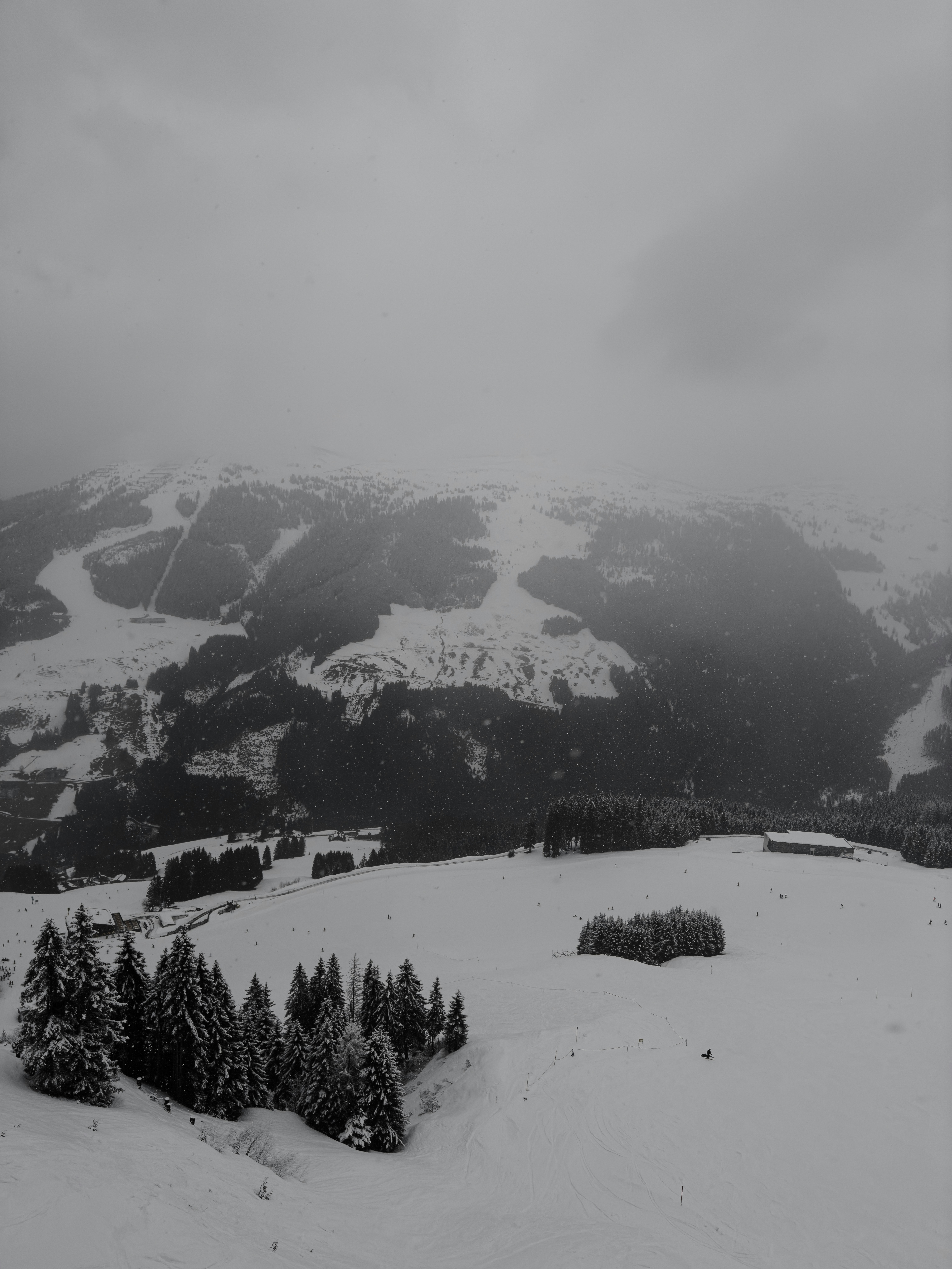 Una foto in bianco e nero di una montagna innevata