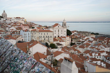 An aerial view of a city with a body of water in the background