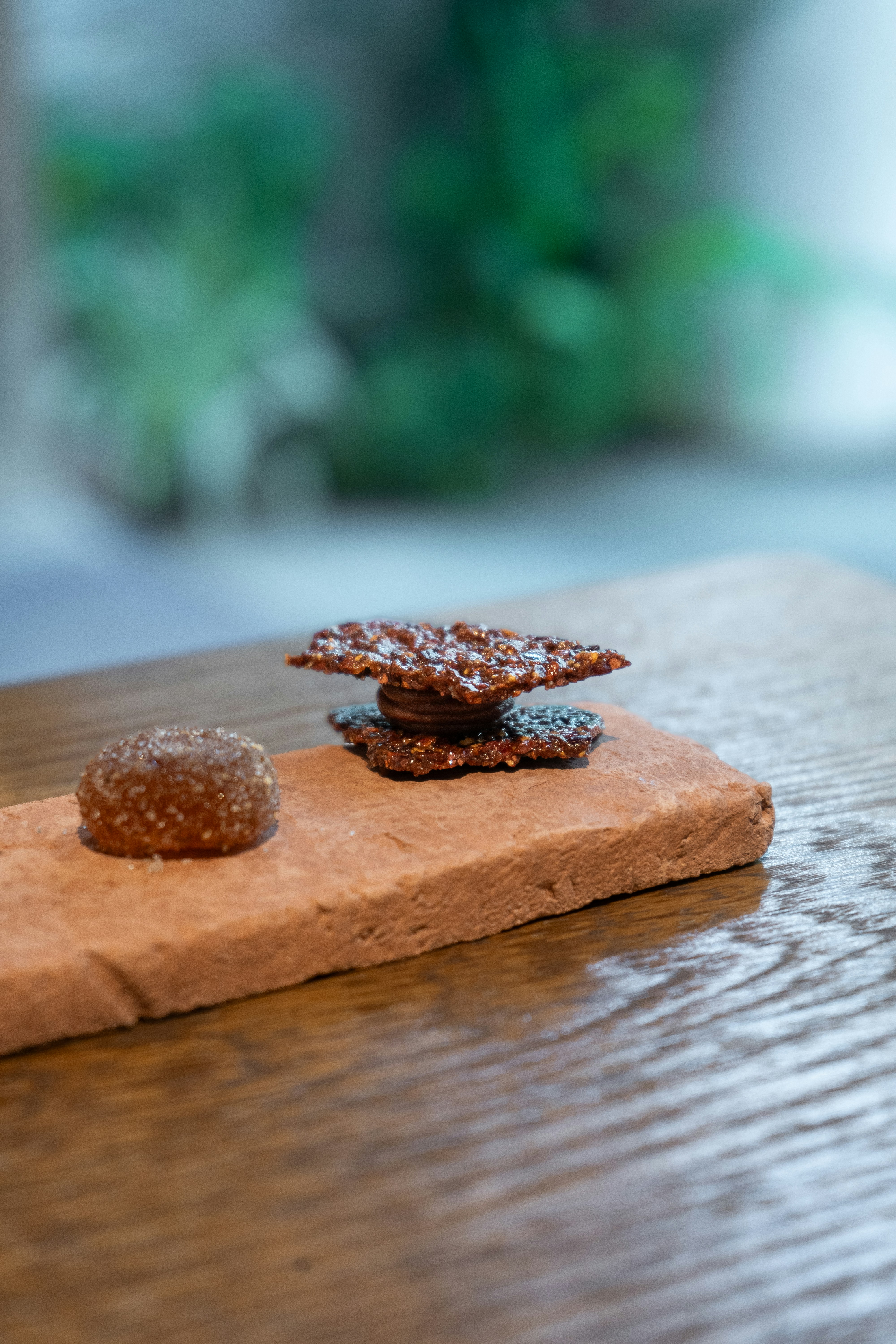 Freeze-dried dog treats on dark slate surface, clean product photography, moody dark background