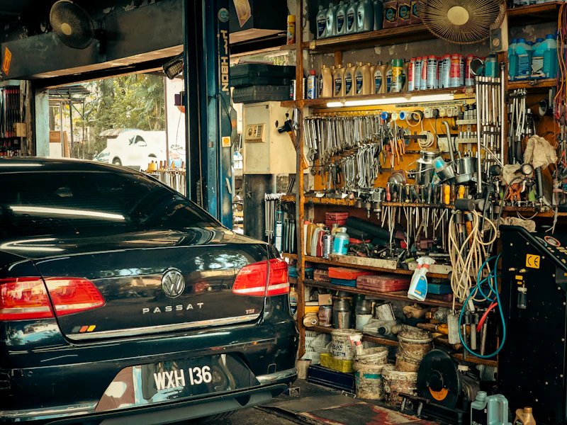A sedan in the service bay