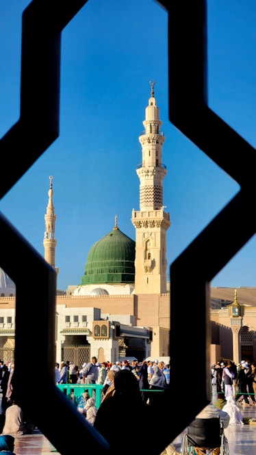 A view of a mosque through a window