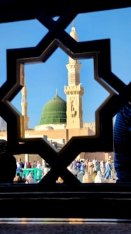 A view of a mosque through a window