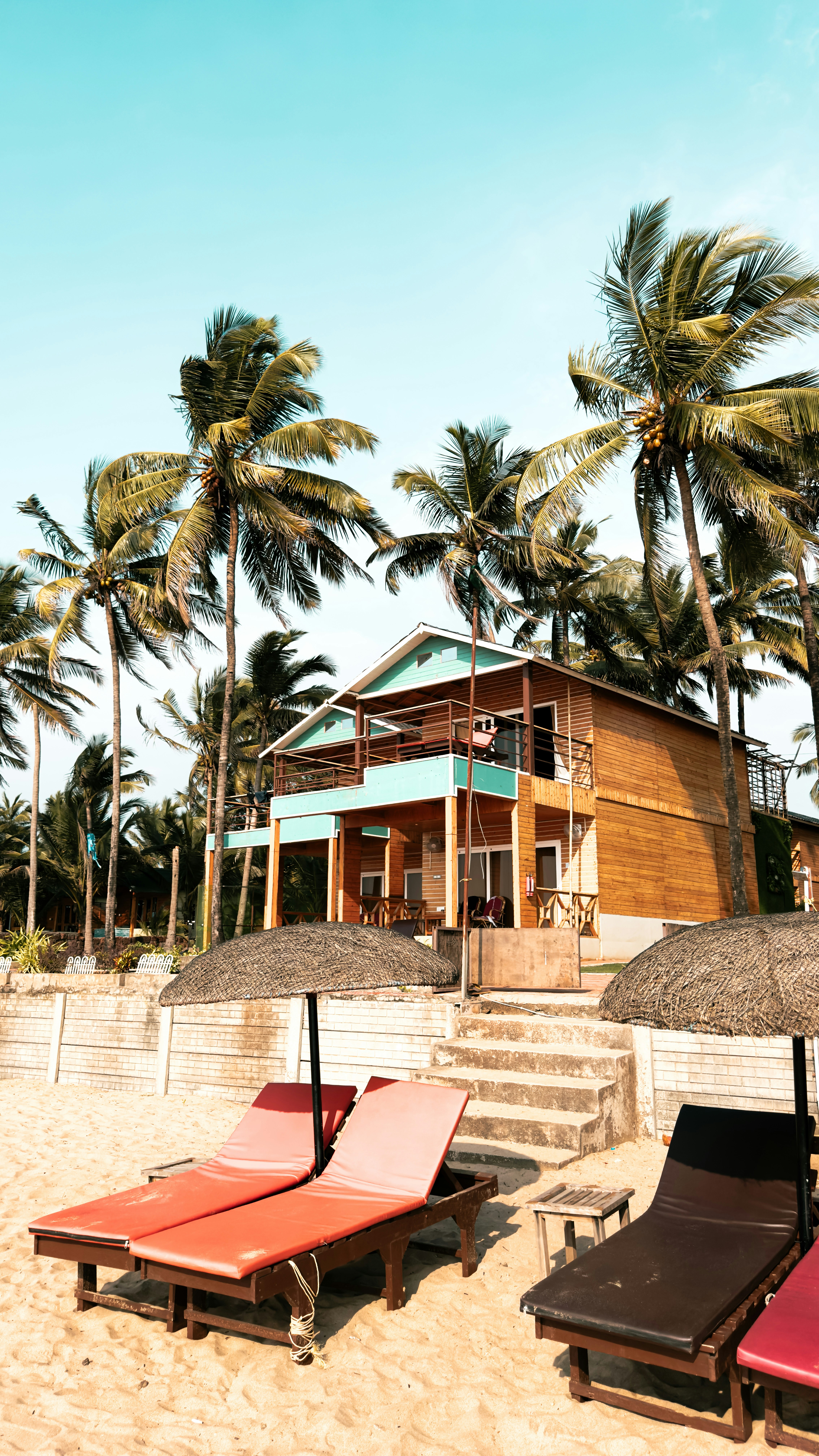 A beach with lounge chairs and umbrellas on the sand